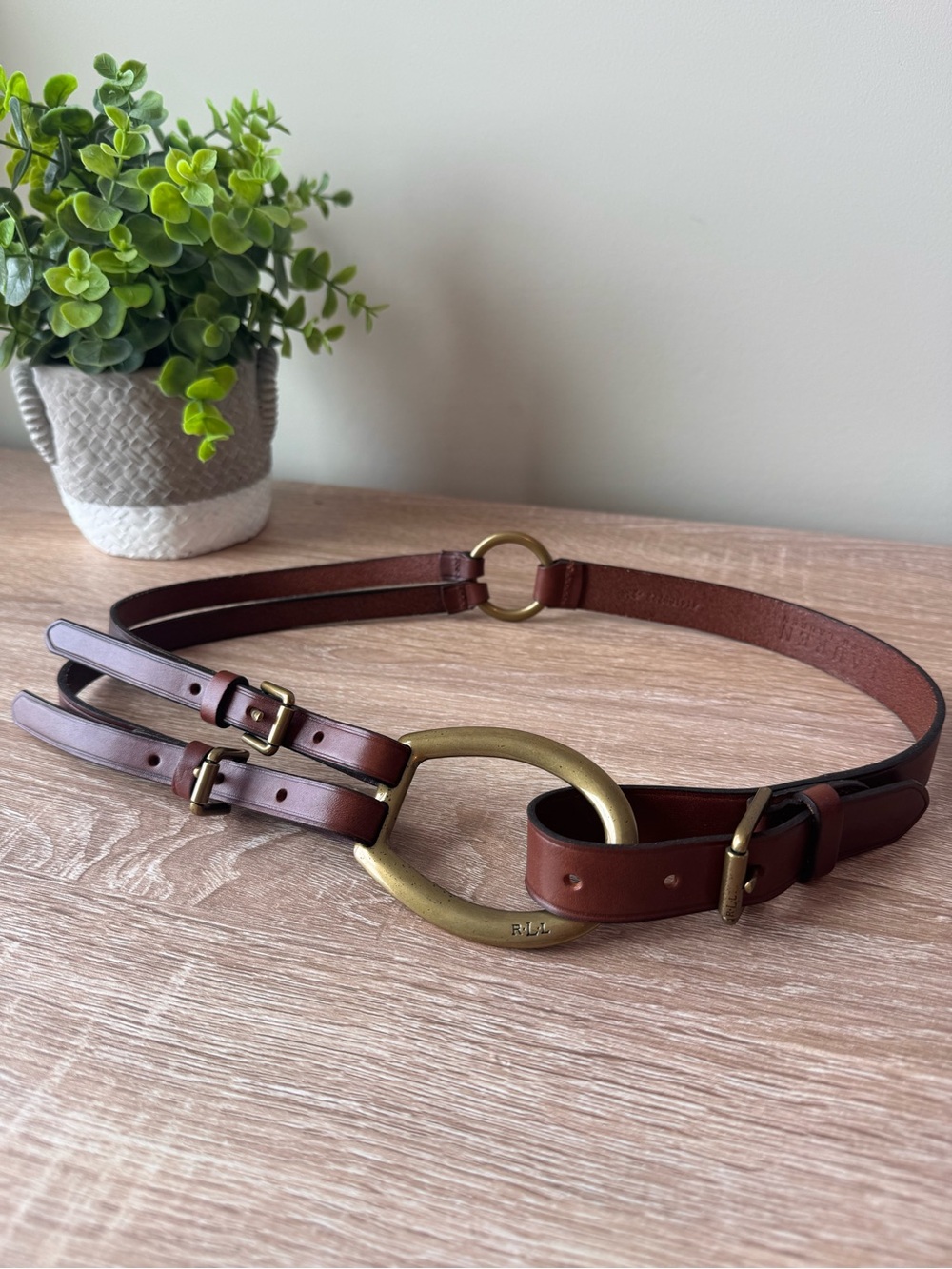 Lauren Ralph Lauren Brown Leather Belt – Brass Stirrup Buckle, Equestrian Style